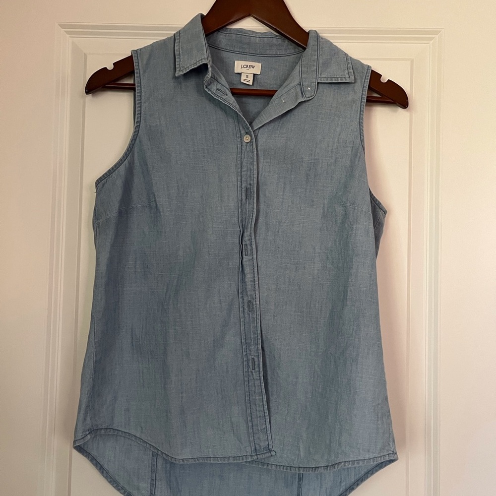 J. Crew Factory Chambray Blue Notched Collar Button Down Top